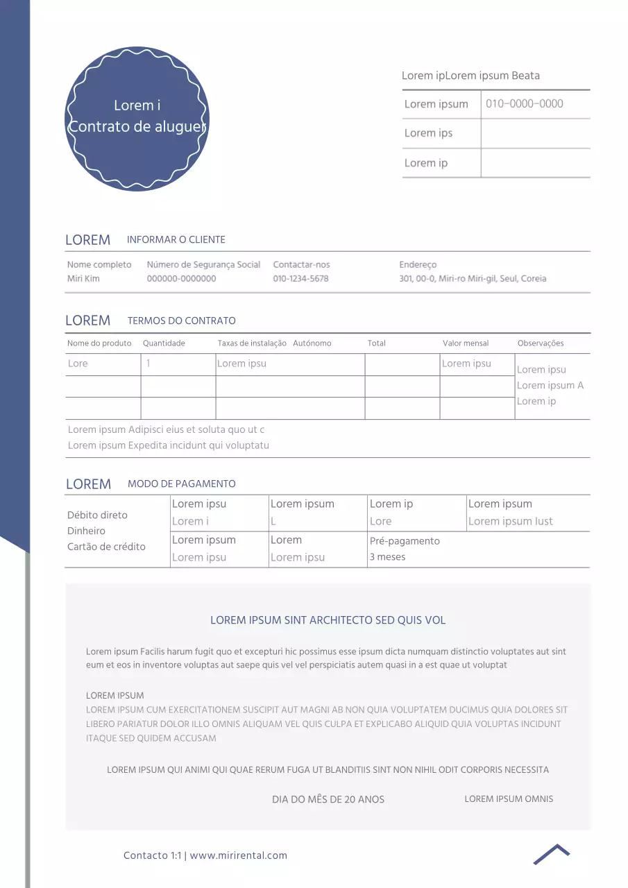Modelo de documento de contrato de arrendamento simples azul e cinzento