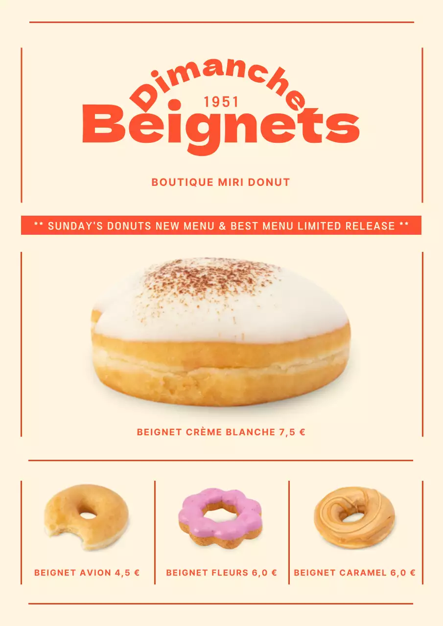 Menu d'un café de beignets en beige et rouge