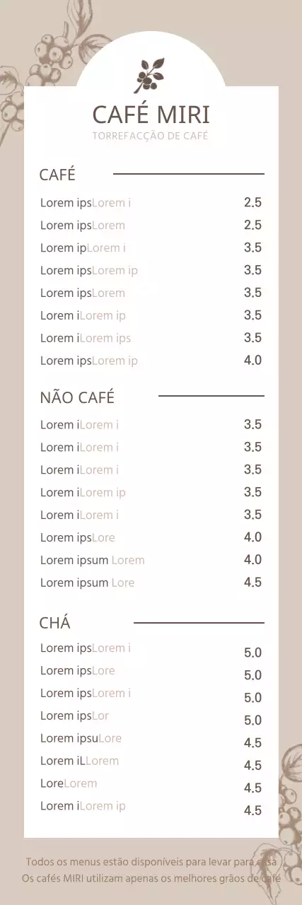 Cartaz de menu de café com ilustração botânica em castanho