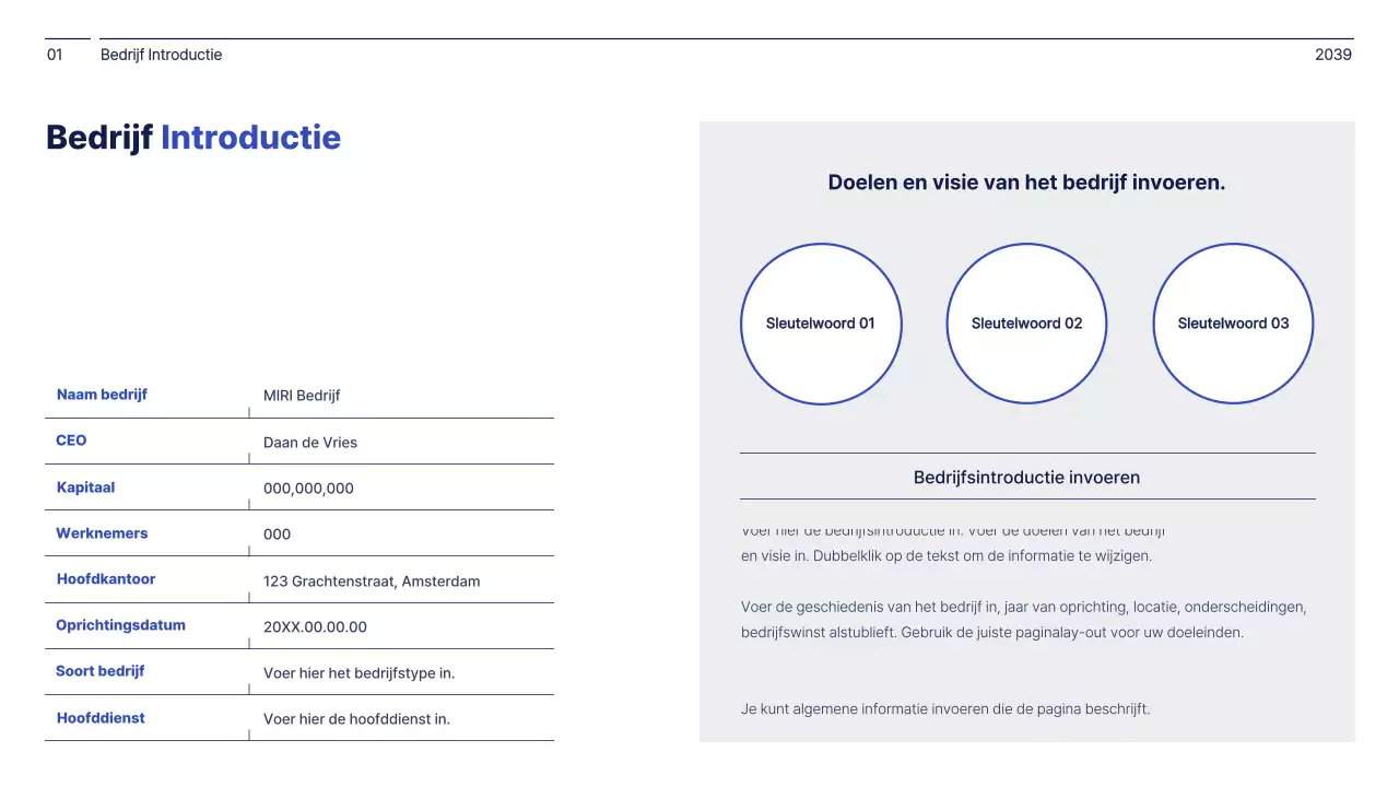 Eenvoudig concept in marineblauw en wit bedrijfsmanagementrapport