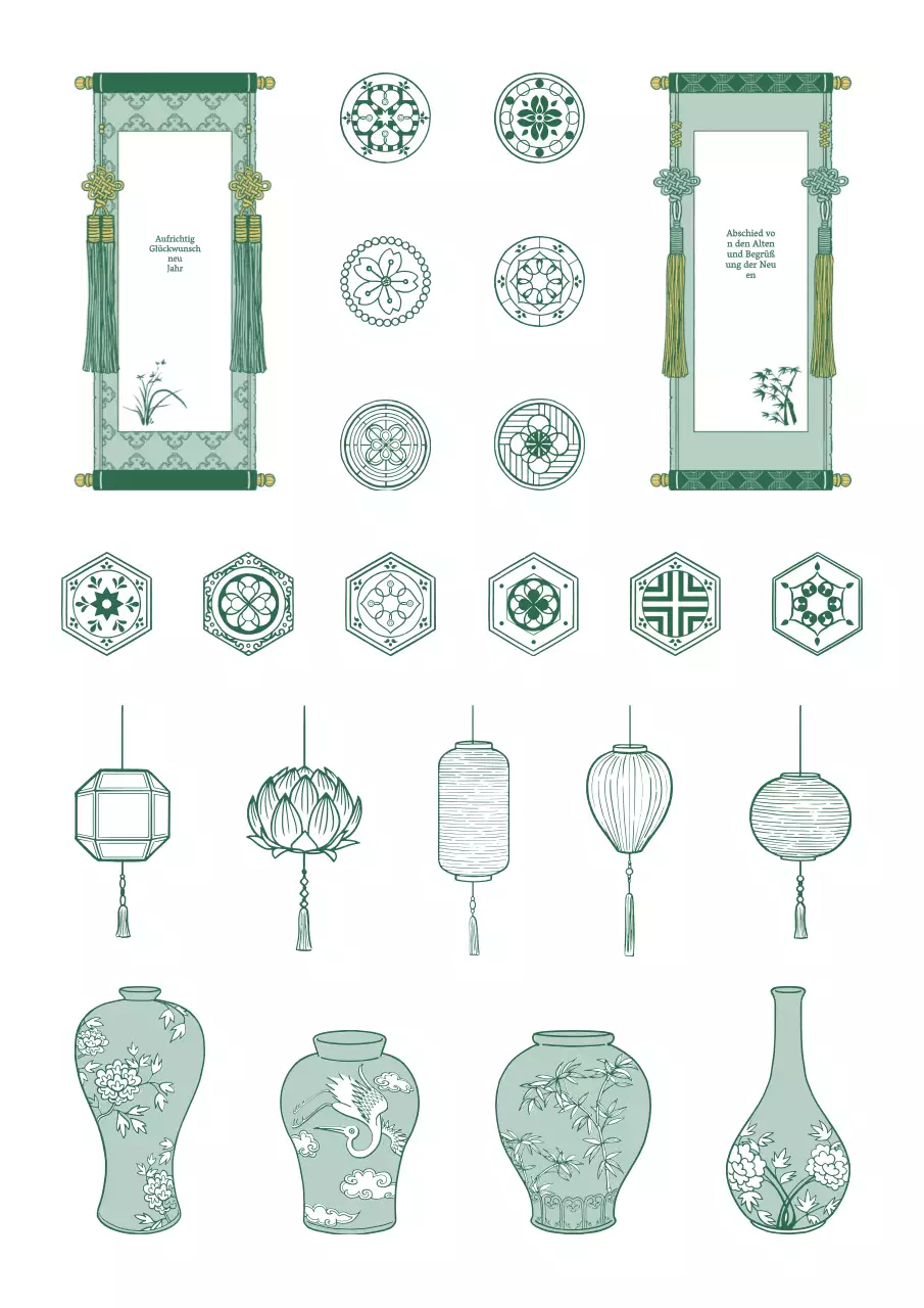 Traditionelle koreanische Konzeptillustration in Grün und Weiß