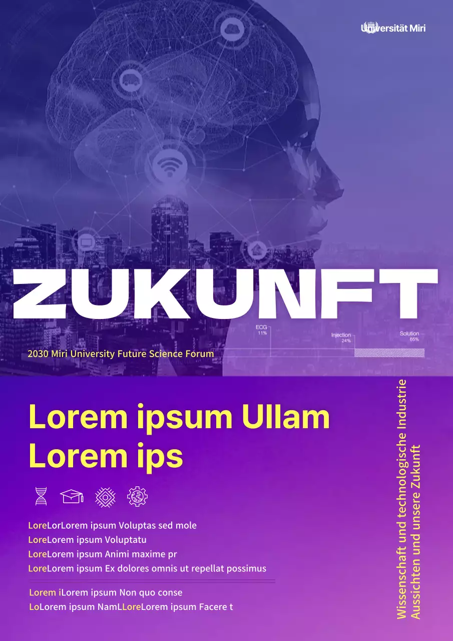 Ein einfaches lilafarbenes und gelbes Webposter für ein Forum über die Perspektiven und die Zukunft der Wissenschafts- und Technologiebranche.