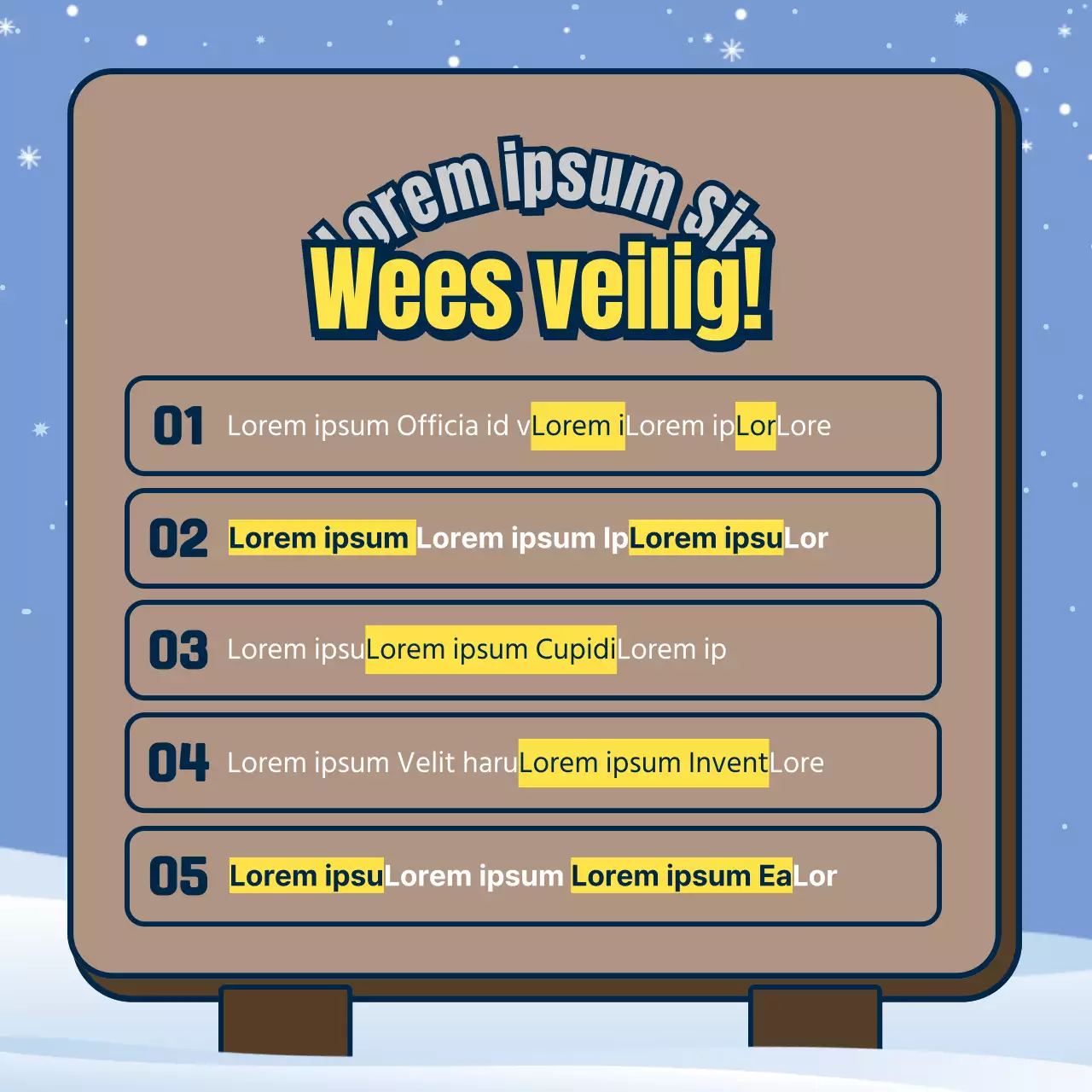 Veiligheid in de bergen in de winter met kastanjebruine en lichtblauwe borden