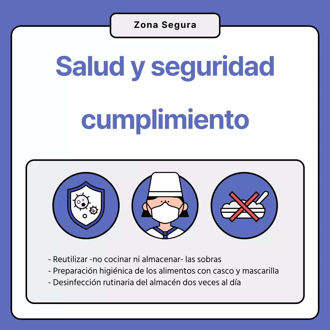 Cartel azul de cumplimiento de las normas de seguridad e higiene en restaurantes