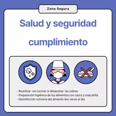 Cartel azul de cumplimiento de las normas de seguridad e higiene en restaurantes