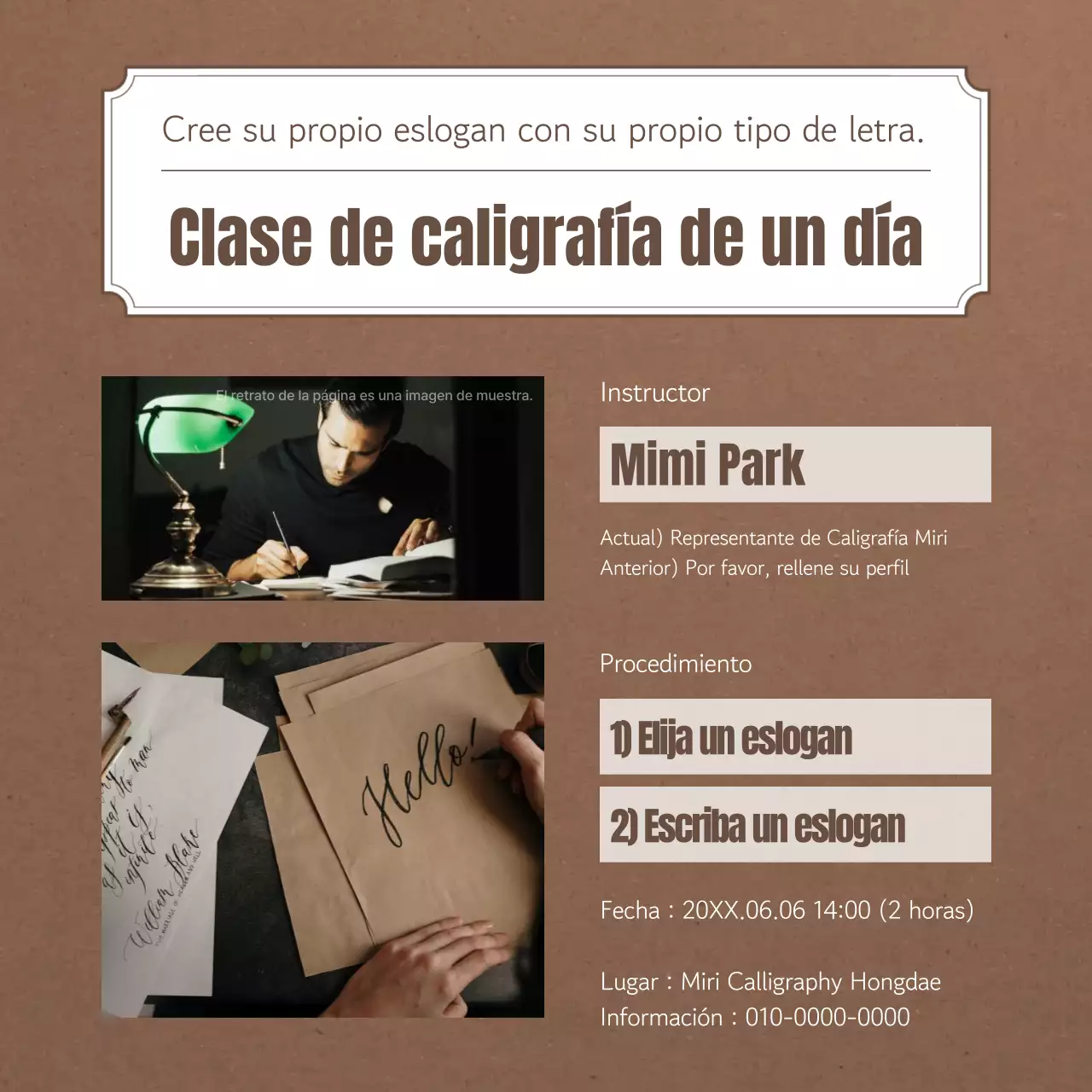 Anuncio de clase de un día de caligrafía con etiquetas vintage de papel de estraza