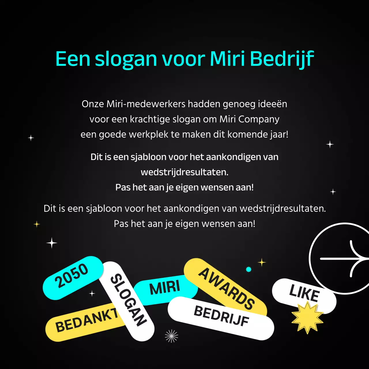 Sloganwinnaars aangekondigd in zwart-wit met lichtblauwe en gele stippen CardNews