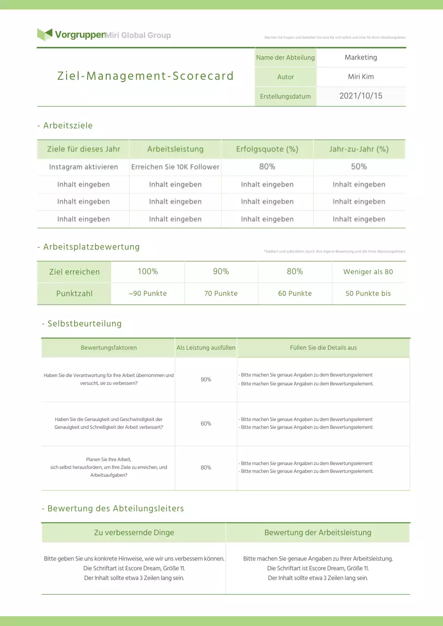 Corporate Goal Scorecard in Chartreuse
