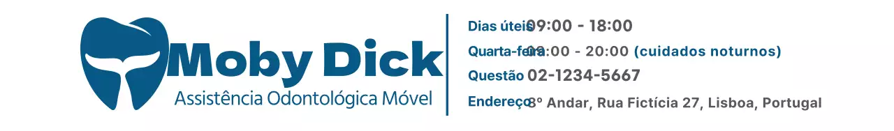 Design simples com um logótipo dentário azul escuro, nome do consultório e dados do consultório
