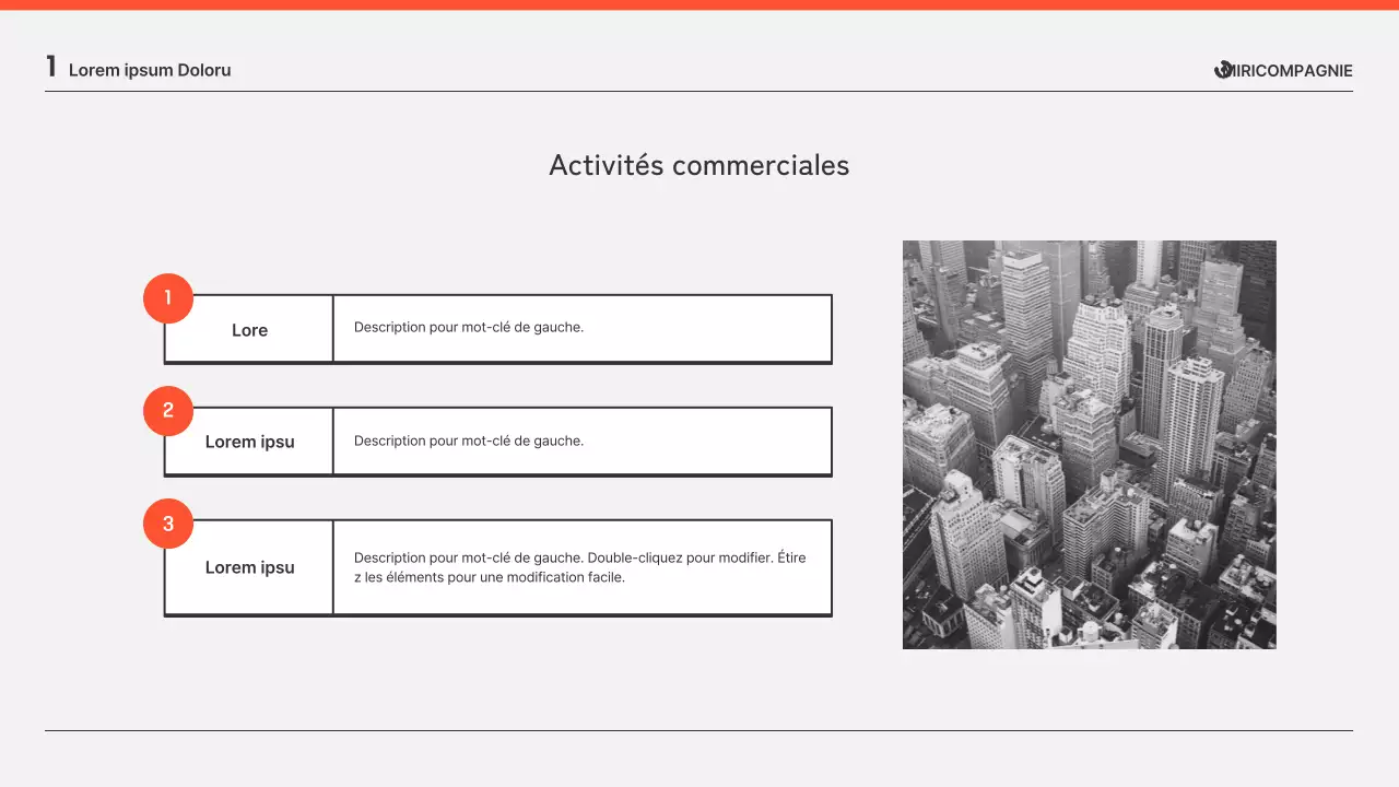Présentations de rapports d'activité en orange et gris