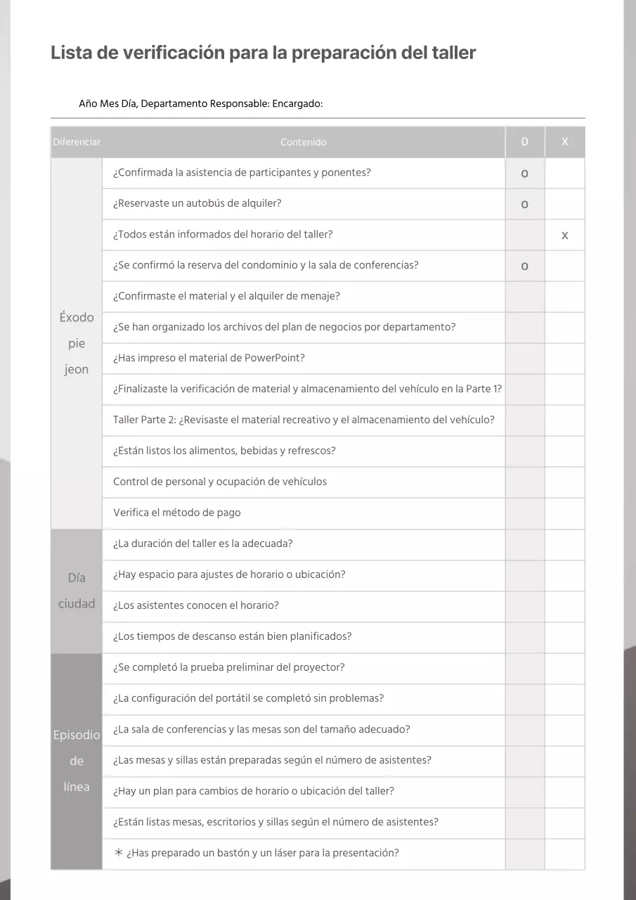 Lista de comprobación de la preparación del taller de documentación Grey Grey Clean