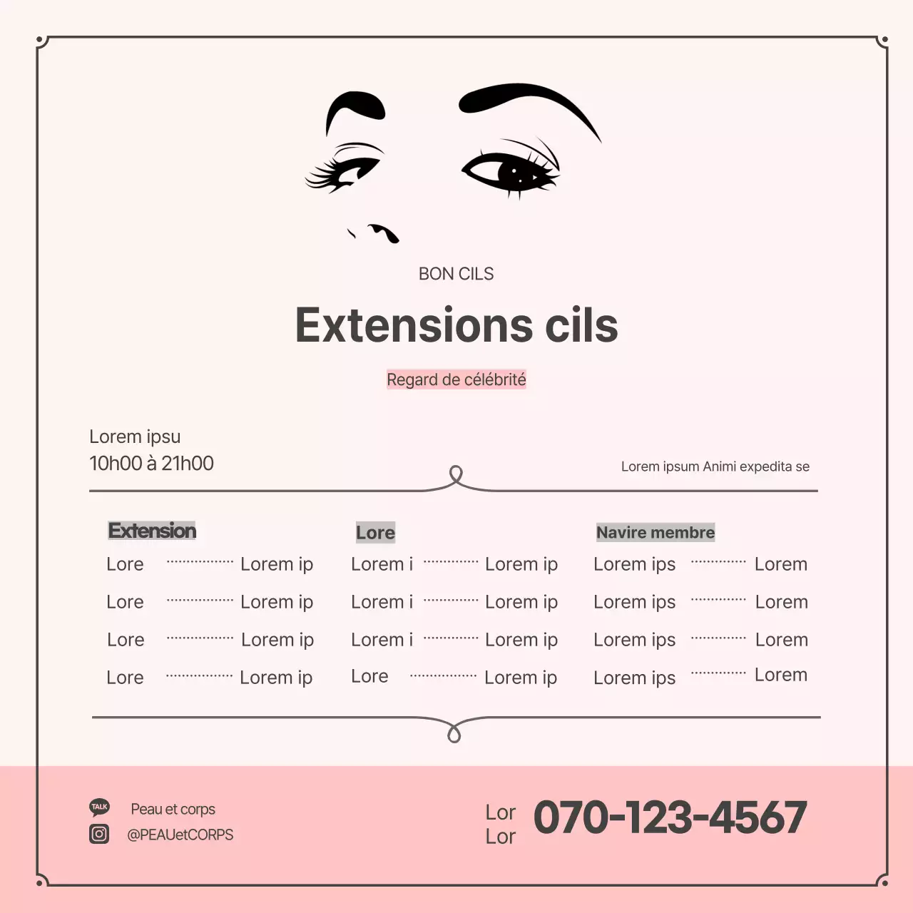 Illustration rose, traitement simple des cils, bannière carrée