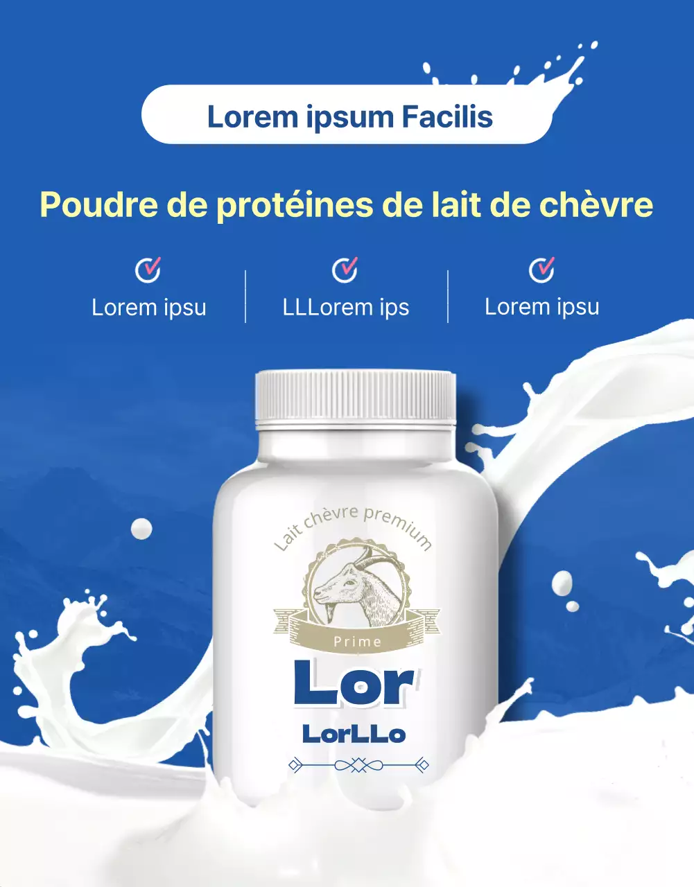 Poudre de protéines de lait de chèvre bleues et naturelles, publicité pour les produits de santé