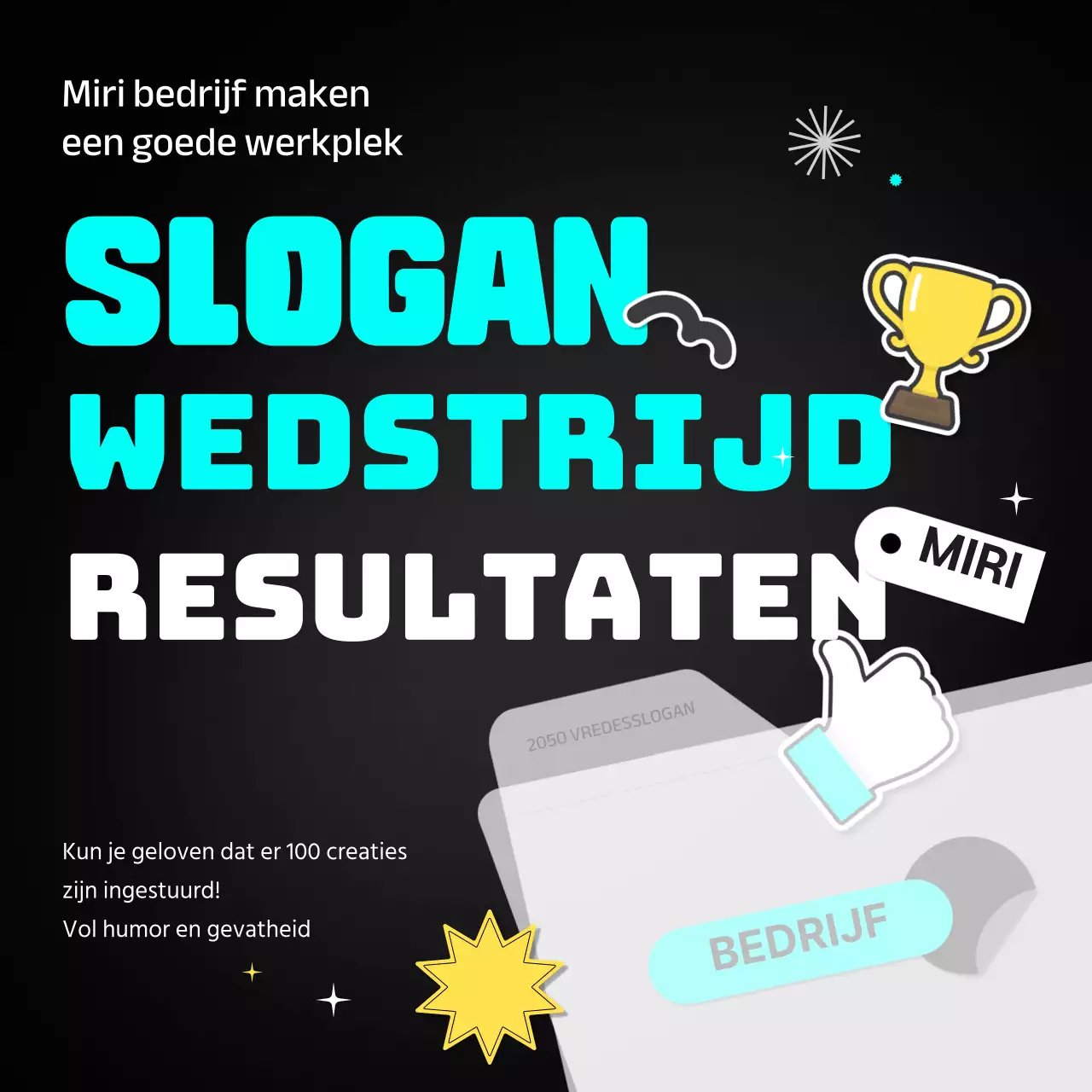 Sloganwinnaars aangekondigd in zwart-wit met lichtblauwe en gele stippen CardNews