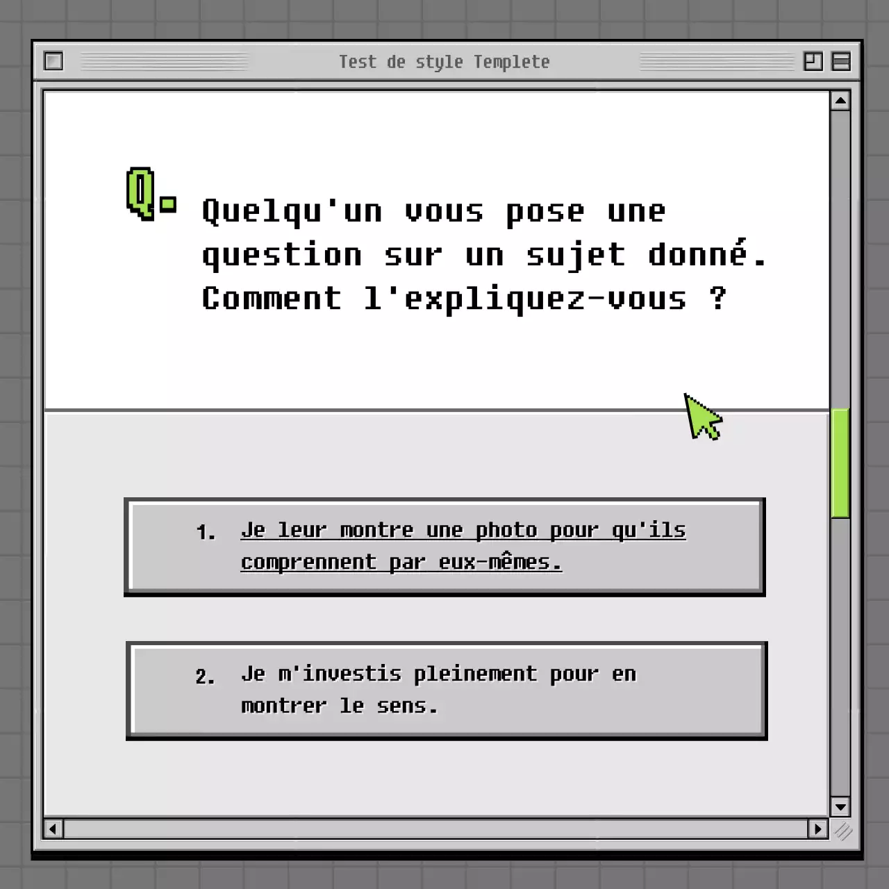 Test psychologique sur navigateur rétro en gris et vert