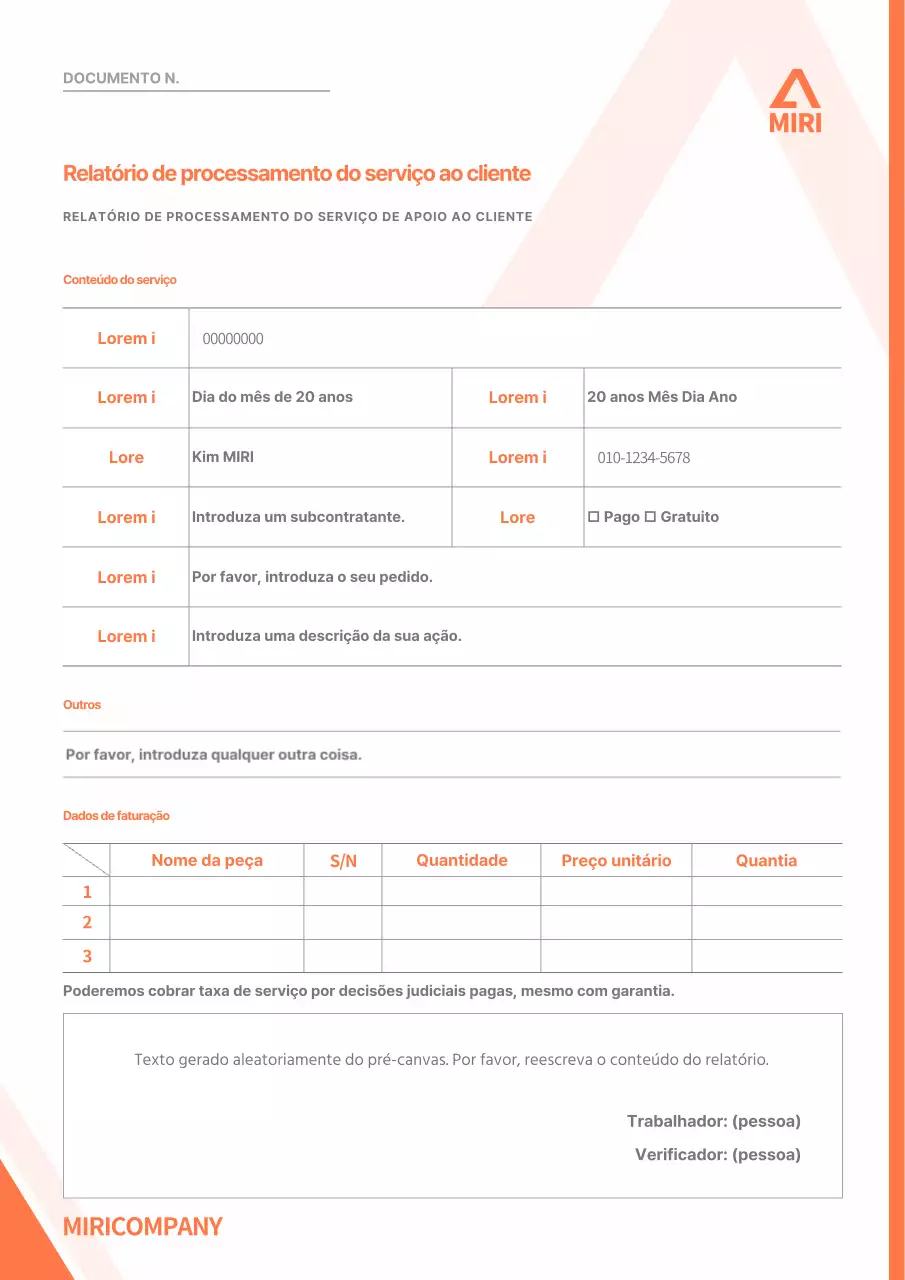 Relatório simples de processamento do serviço de apoio ao cliente formatação de documentos em laranja