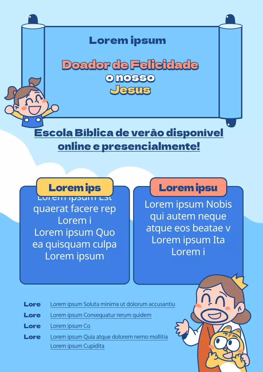 Promover uma Escola Bíblica de Férias em linha com ilustrações de personagens num fundo azul do oceano
