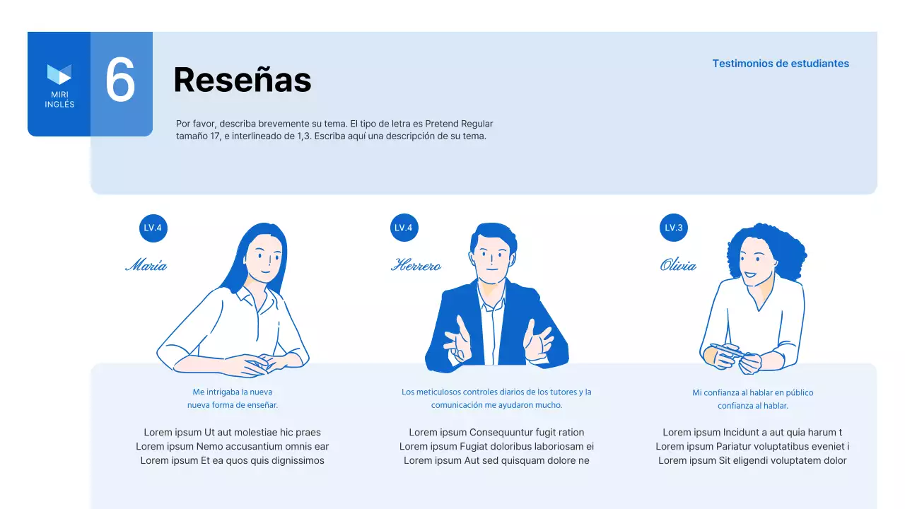 Un sencillo folleto comercial azul y blanco para una escuela de inglés