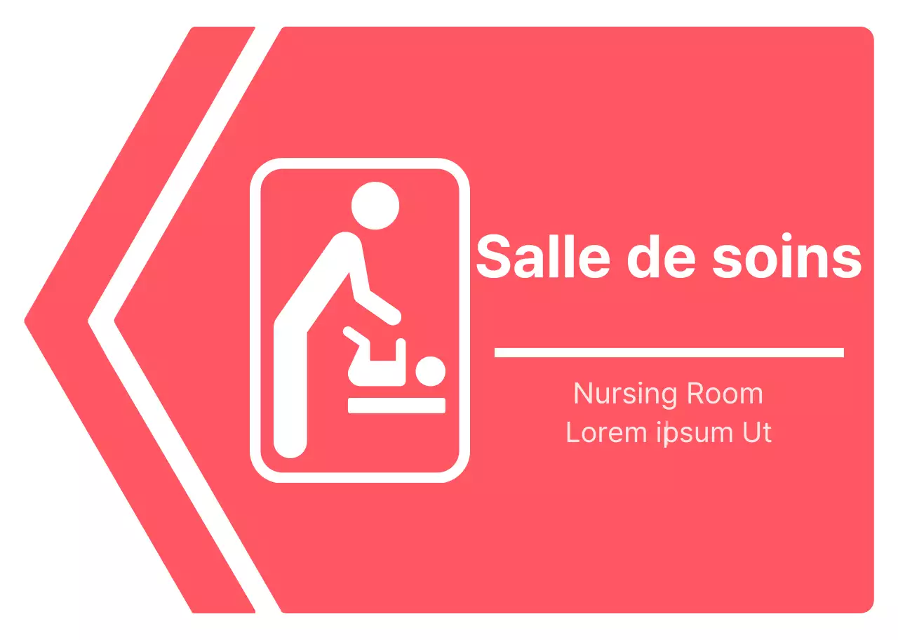 Des indications simples et nettes, sous forme de flèches, pour se rendre dans la salle de soins, en rose et blanc vifs.