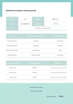 Un formulario de solicitud de empleo a tiempo parcial limpio y de color menta