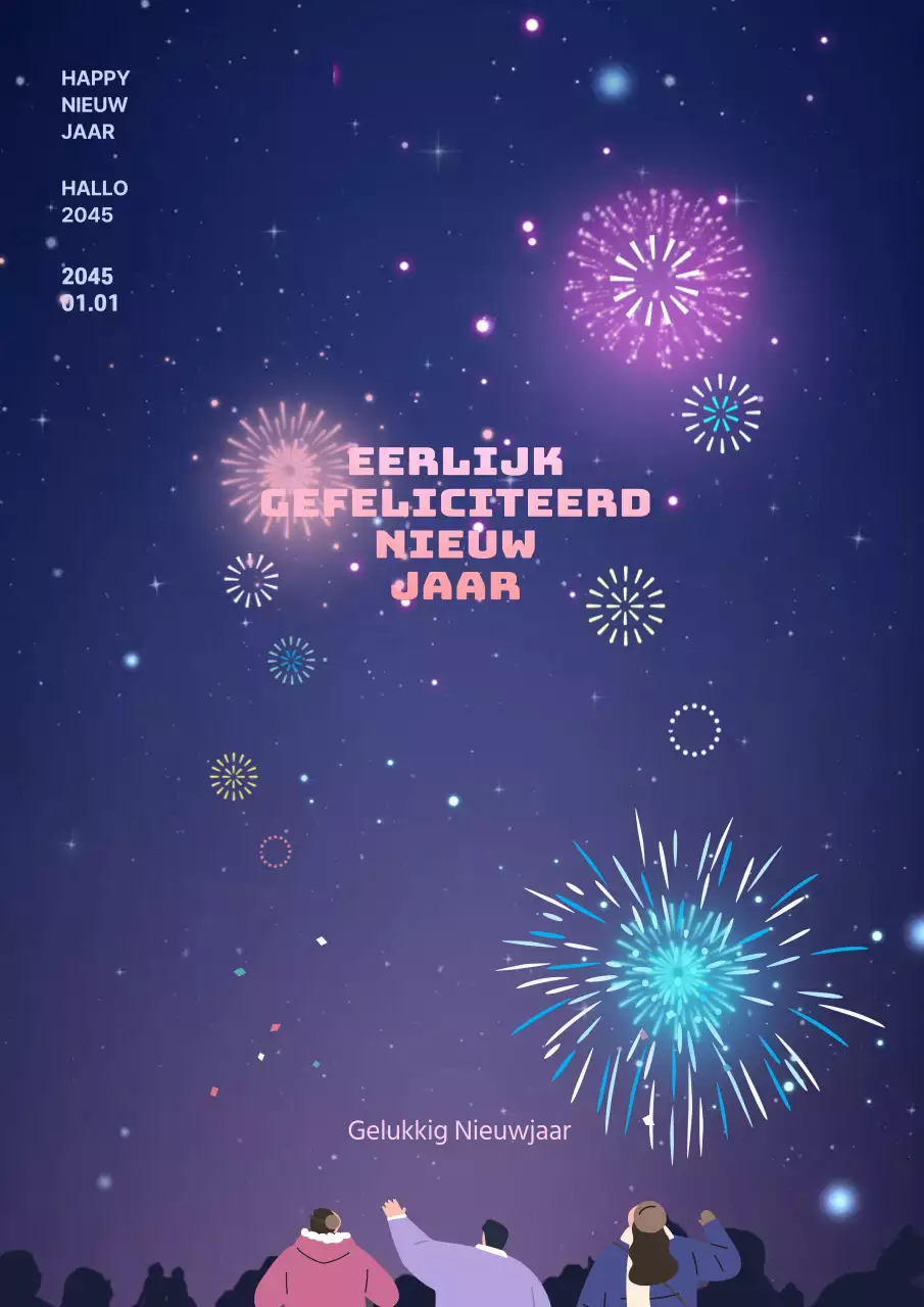 Nieuwjaarsposter met paars nachtzicht Oudejaarsavond vuurwerkillustratie