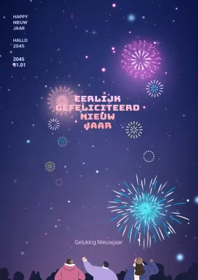 Nieuwjaarsposter met paars nachtzicht Oudejaarsavond vuurwerkillustratie