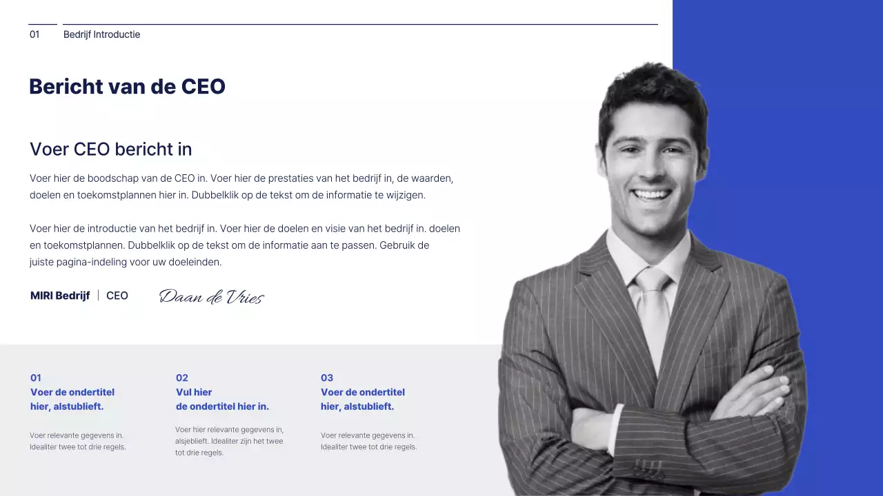 Eenvoudig concept in marineblauw en wit bedrijfsmanagementrapport