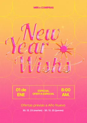 Cartel de Año Nuevo con letras de cristal tridimensionales en rosa y amarillo