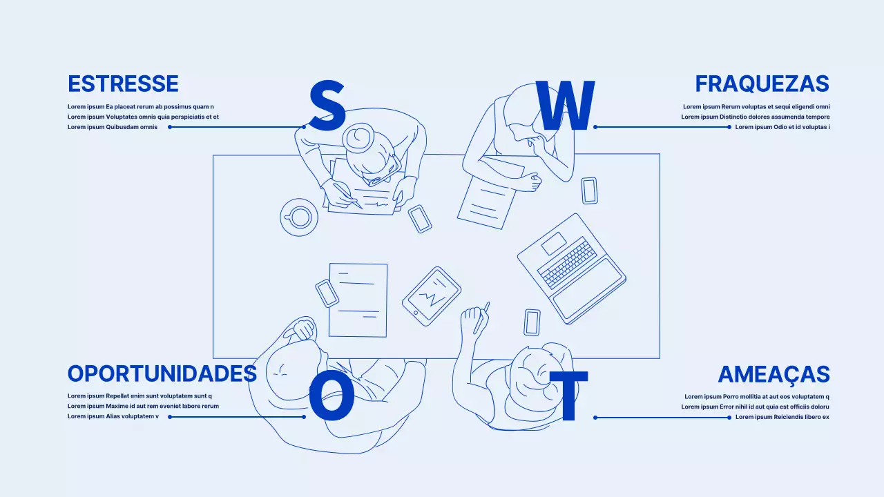 Infografia SWOT com ilustração de linhas azuis e azuis claras