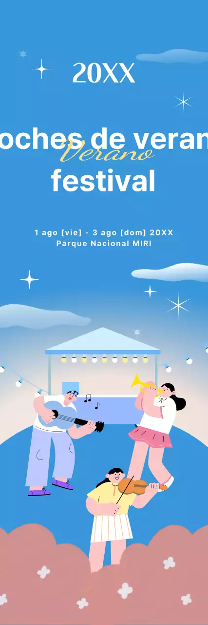Diseño de festival de verano con ilustración de cantantes en azul claro y rosa