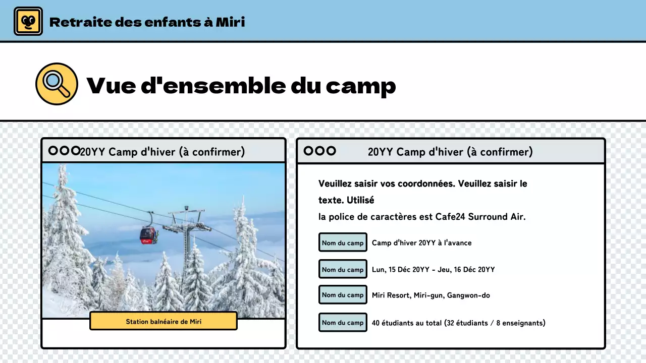 Camp d'hiver pour enfants avec un style mignon en bleu clair et vert