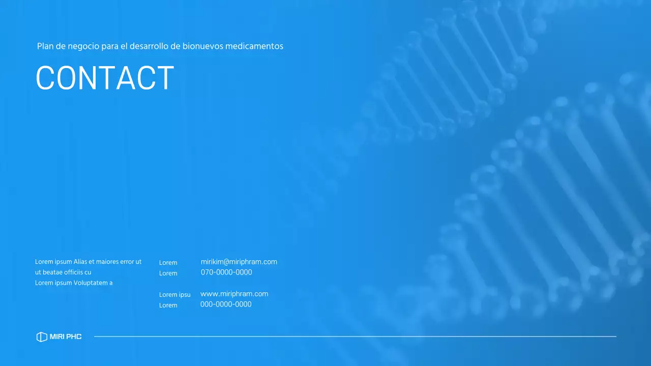 Un plan de negocio limpio y en tonos azules para el desarrollo de fármacos para una empresa farmacéutica.