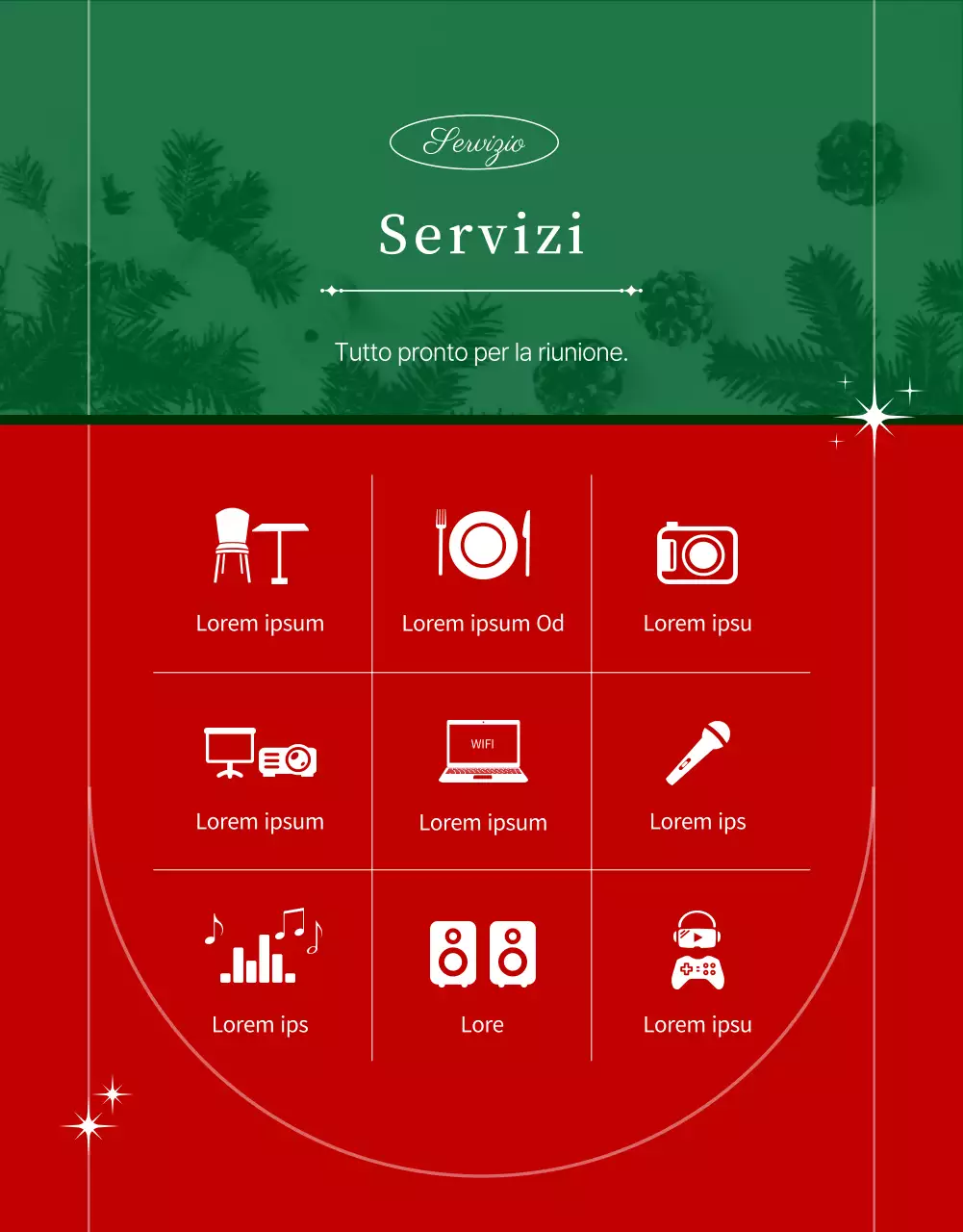 Presentazione dell'affitto di spazi verdi e rossi per le feste