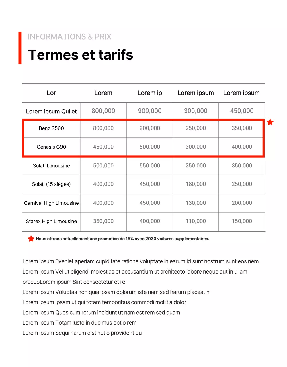 Page détaillée de la promotion d'une limousine en couleur rouge