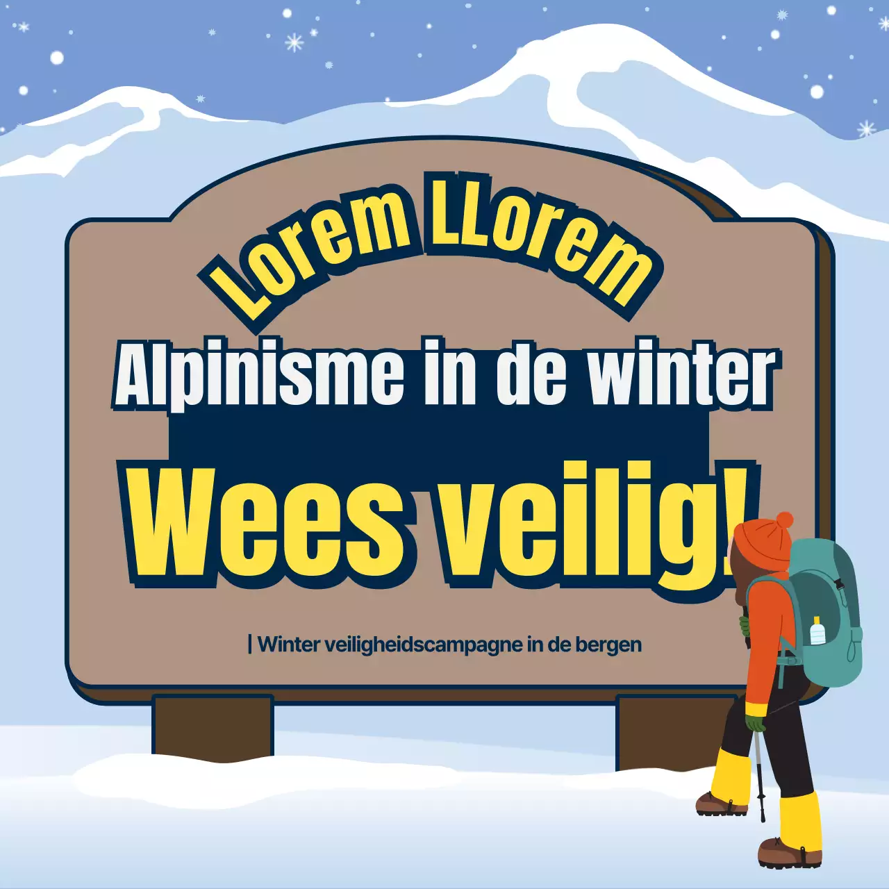 Veiligheid in de bergen in de winter met kastanjebruine en lichtblauwe borden