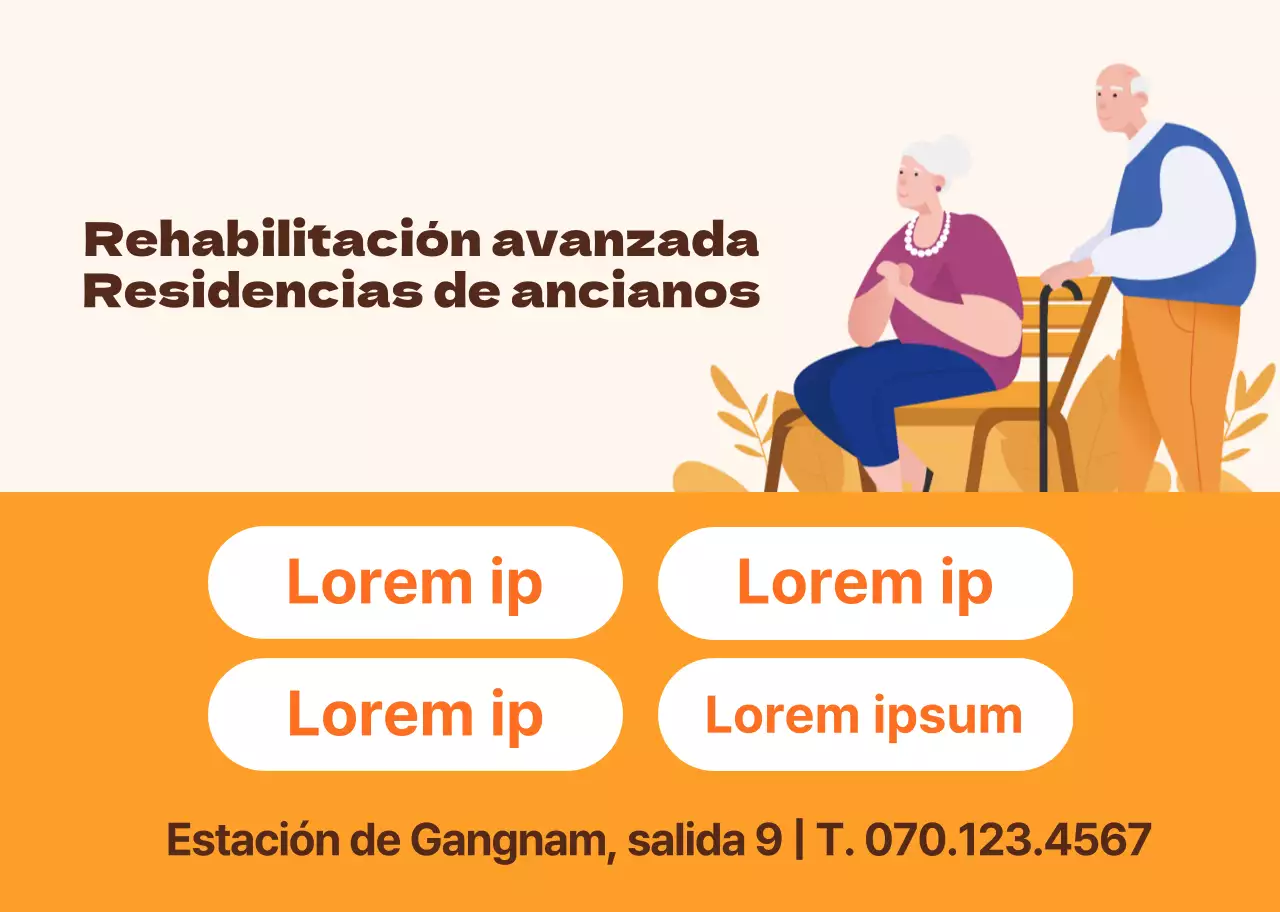 Cálida ilustración naranja de un centro de bienestar para la tercera edad