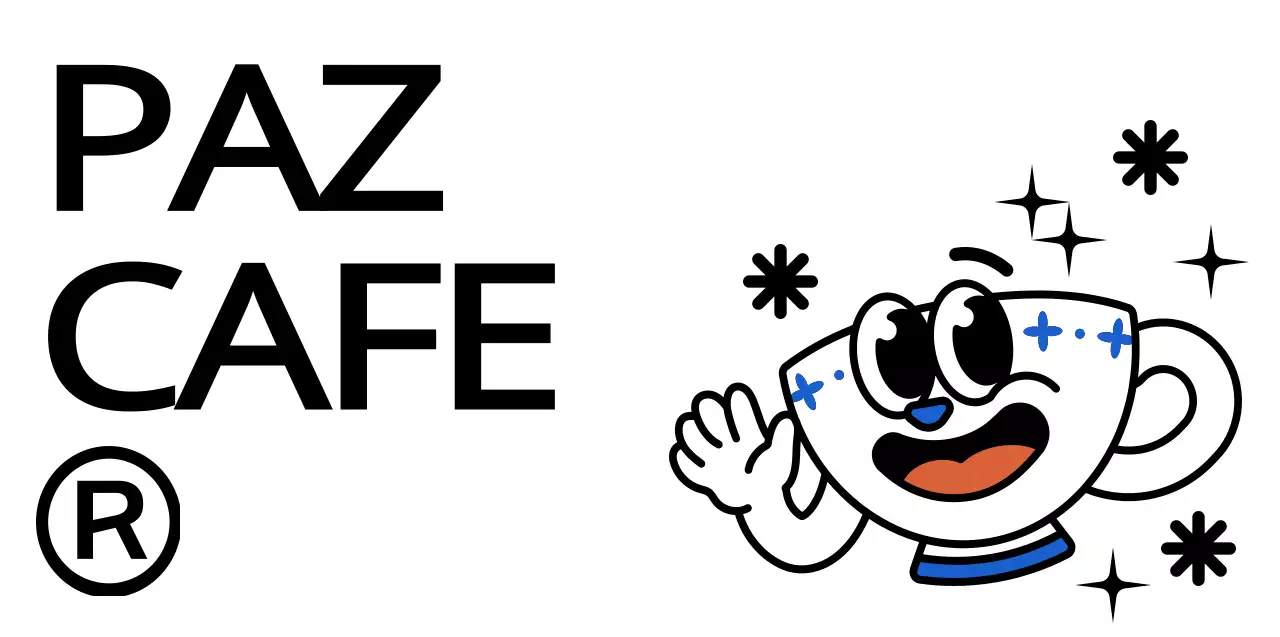 Combinação de caracteres e texto de chávena de café gira e moderna em preto e azul Estilo de logótipo para promoção e promoção de café