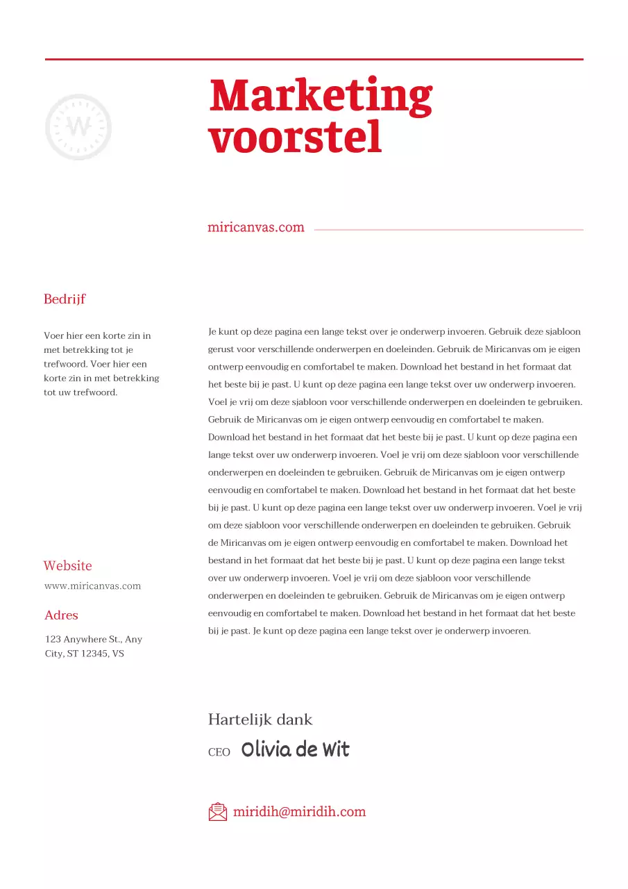 Een eenvoudig, rood, typografisch marketingvoorstel