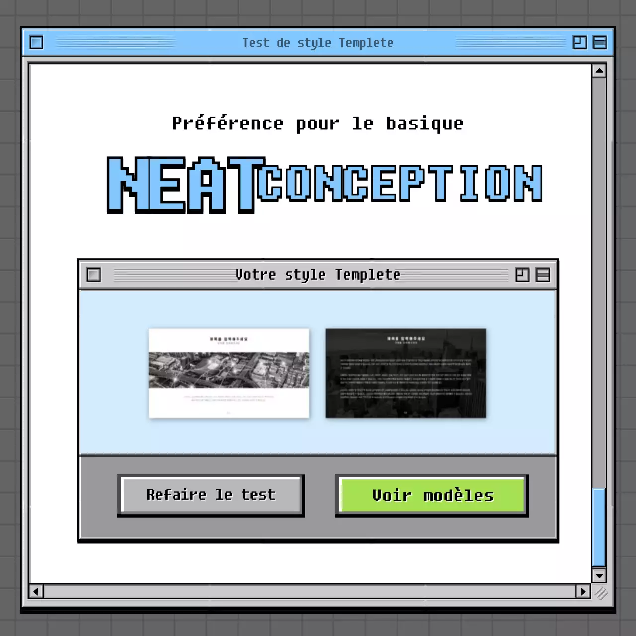 Test psychologique sur navigateur rétro en gris et vert