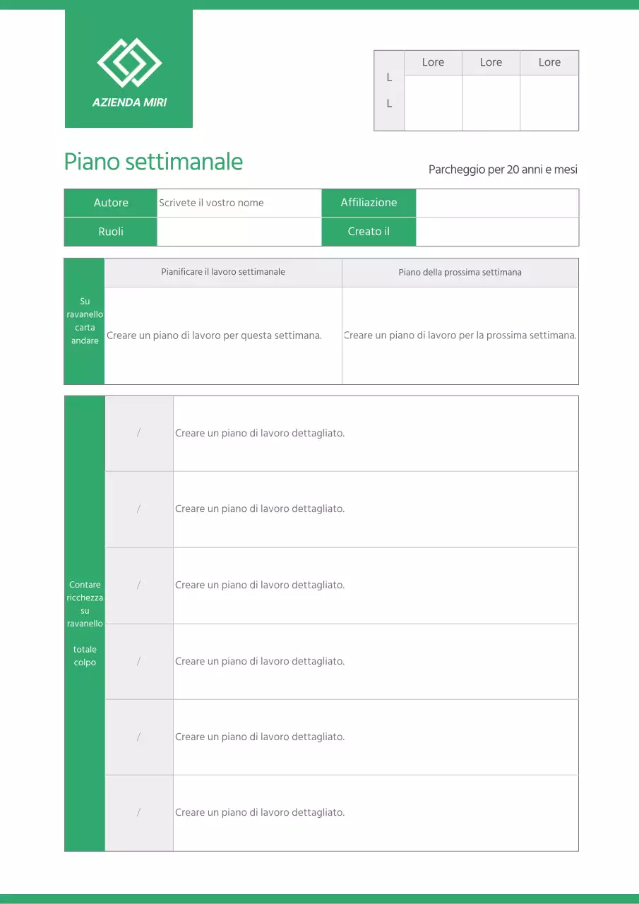 Un'agenda settimanale pulita in verde e grigio