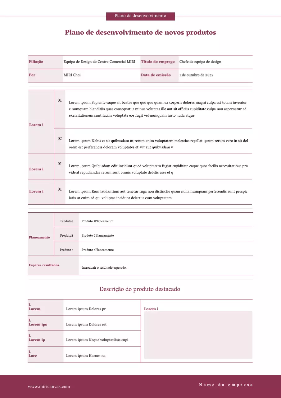 Plano de desenvolvimento de novos produtos em vermelho e em forma de tabela