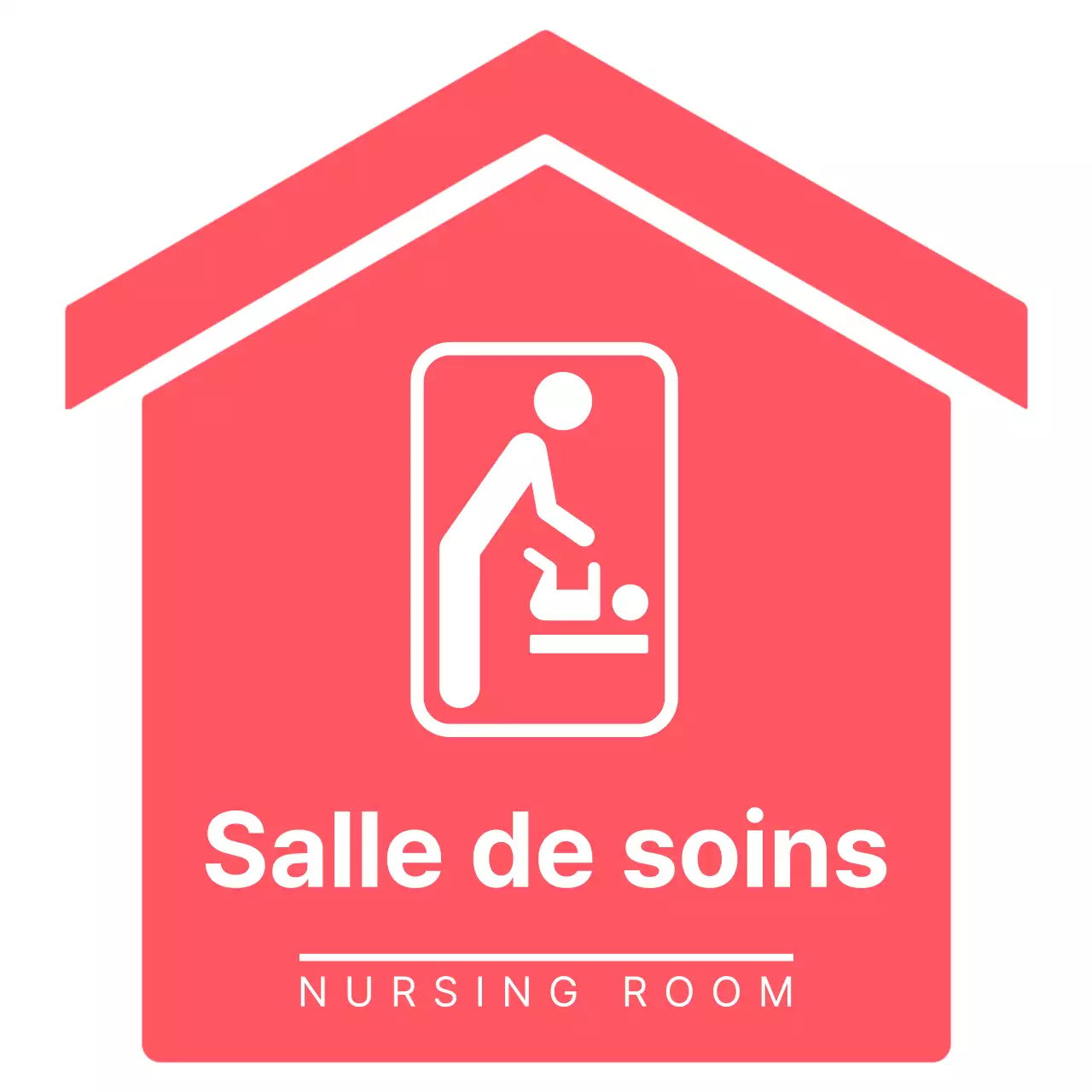 Des indications simples et nettes, sous forme de flèches, pour se rendre dans la salle de soins, en rose et blanc vifs.