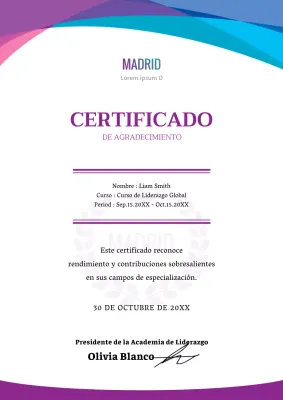 Certificado de formación empresarial sencillo con degradado azul-morado