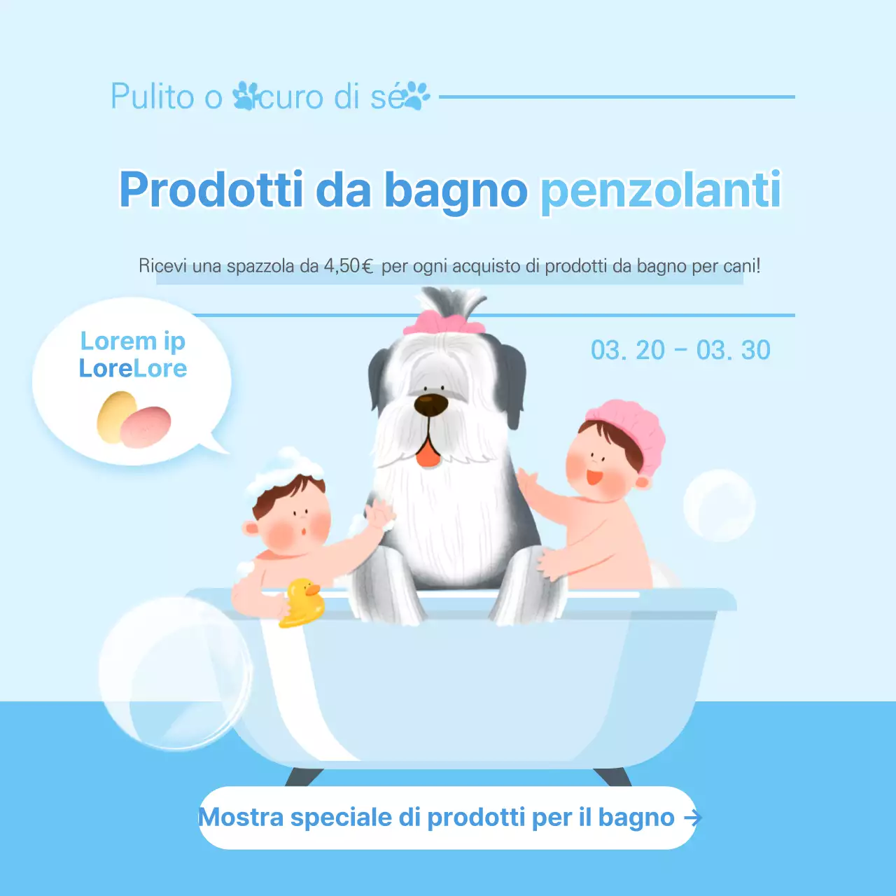 Prodotti per il bagno degli animali domestici di colore azzurro sui social media