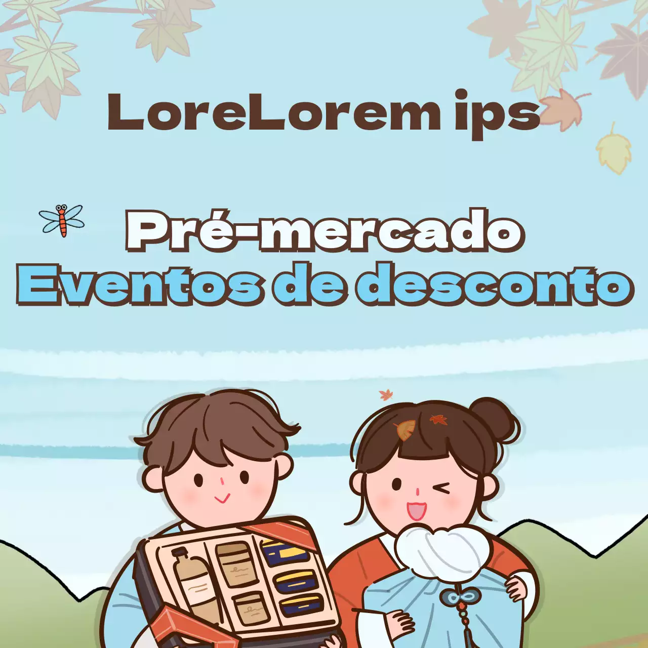 Desconto num conceito de ilustração animada de outono em laranja e azul claro