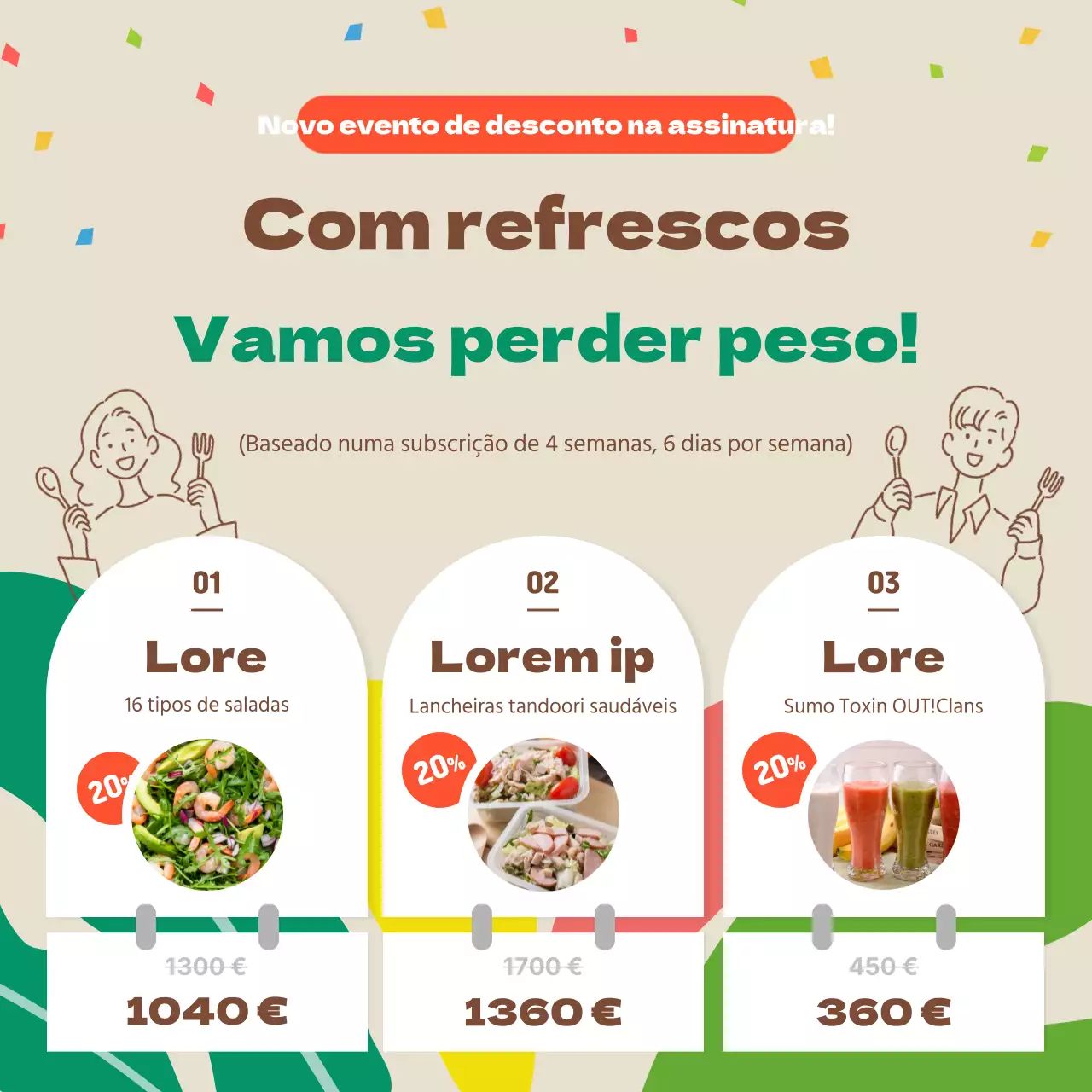 Ofertas de subscrição de caixas de almoço com salada de dieta verde e castanha