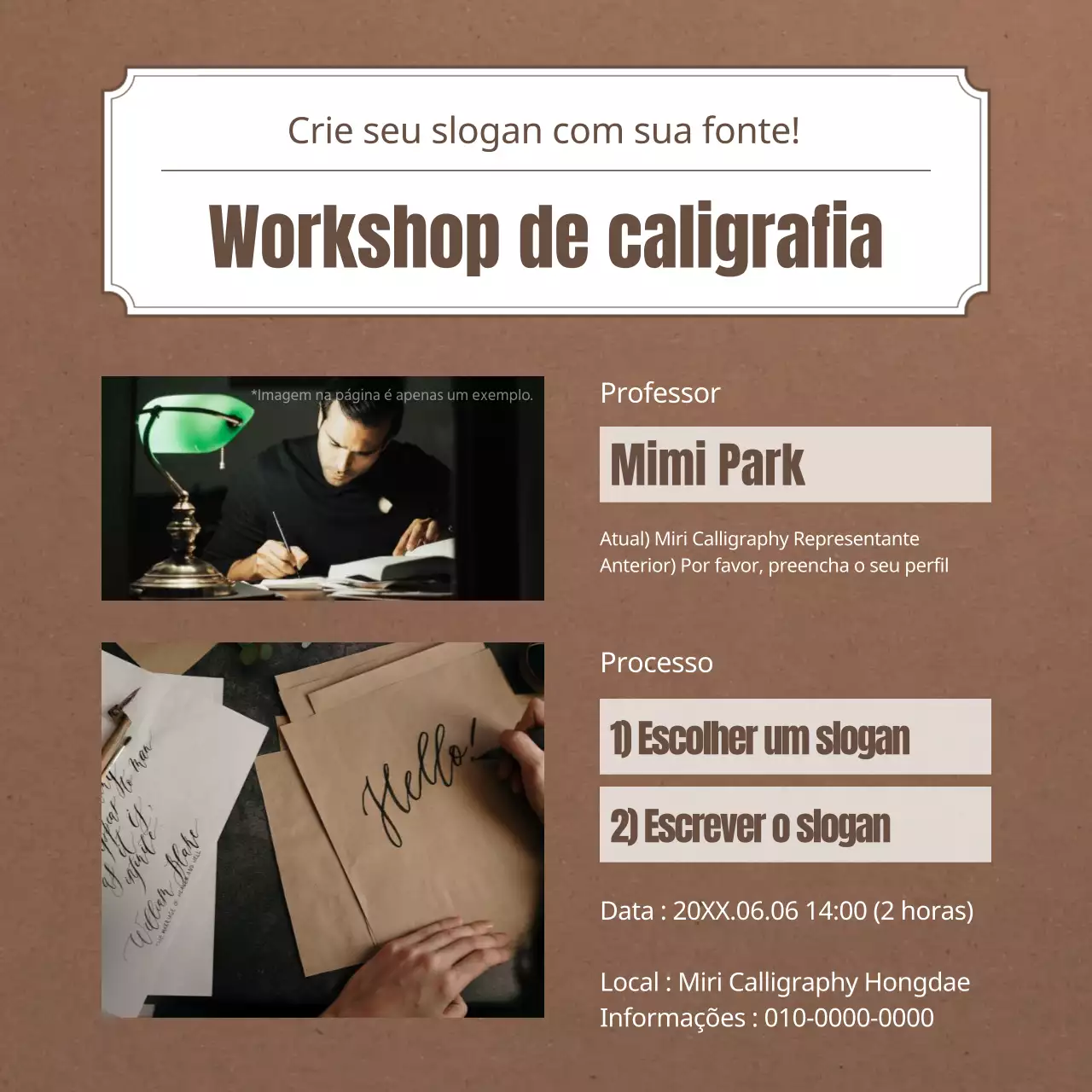 Caligrafia com etiquetas vintage de papel castanho anúncio de aula de um dia