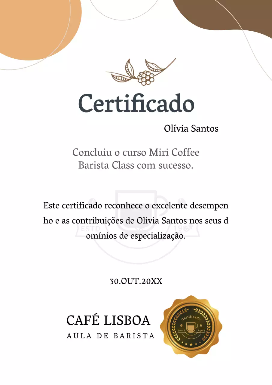 Certificado de formação de barista Certificado de formação Associação do café Modelo de documento comercial