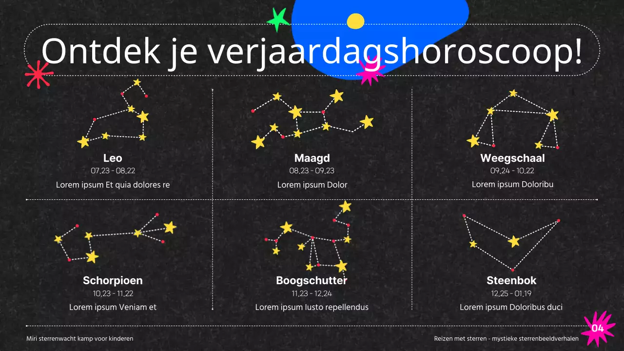 Kleurrijke sterrenwacht Sterrenbeelden op een zwarte achtergrond Lesmateriaal
