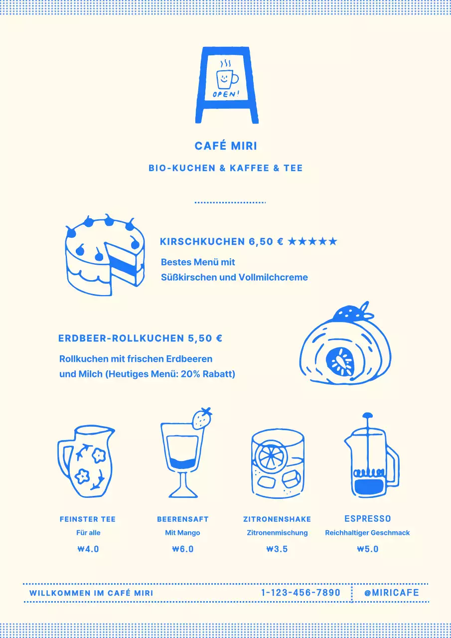 Bäckerei-Café-Menü in Beige und Blau